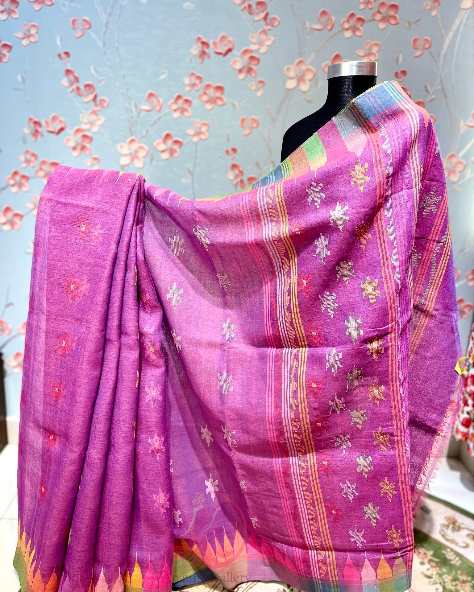 Shiuli Floral Dual-Tone Pink Monipuri Saree - Image 1